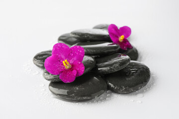 Wet spa stones and beautiful flowers on white background, closeup