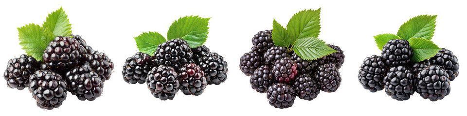 Fototapeta premium Four piles of ripe blackberries with vivid green leaves a detailed closeup presentation shows freshness and quality