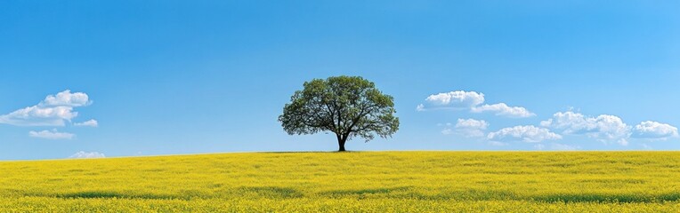 A solitary tree standing in a vibrant yellow field