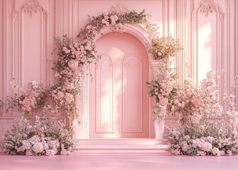 A beautifully decorated pink room with floral decorations around a doorway