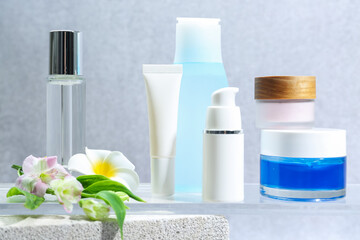 Presentation of body care products against blurred background