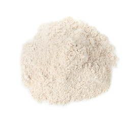 Pile of brown rice flour isolated on white, top view
