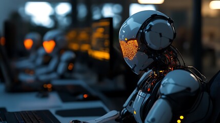 Futuristic Robots Working Late at Tech Office.