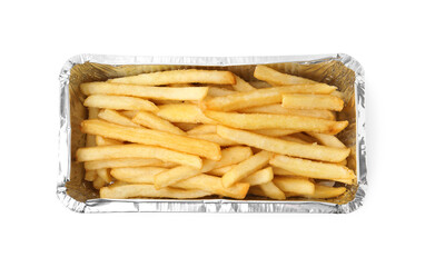 Delicious French fries in foil container isolated on white, top view