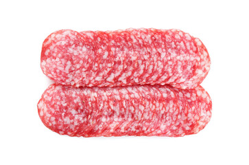 Slices of tasty smoked sausage on white background, top view