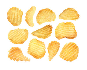 Tasty ridged potato chips on white background, collage