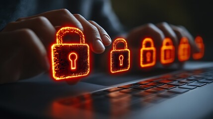 A person typing on a laptop with security locks glowing