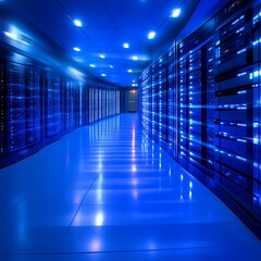 High-tech server room, illuminated hallway, digital data flow
