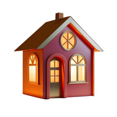Realistic illustration of a miniature home with a transparent background. house features a red-orange facade, arched windows, and a chimney, creating a cozy aesthetic.