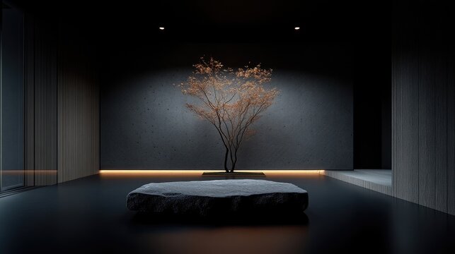 Fototapeta Dark, minimalist interior design, zen-like aesthetic