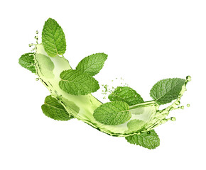 Mint leaves and splashes of green tea on white background