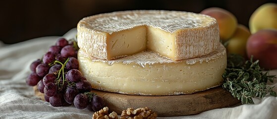 Enjoy a wooden board with cheese, fruit, grapes, and peaches. This food wheel features dairy and rind, a delightful snack.
