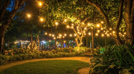 A beautiful garden illuminated by string lights during an evening event."