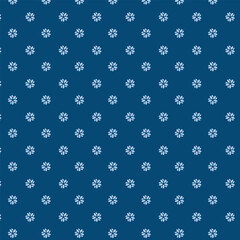 Small white flowers pattern doodle shapes motif continuous blue background. Modern floral fabric design textile swatch ladies dress, men's shirt all over print block.