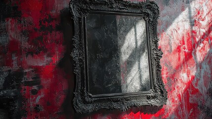 A gothic, ornate mirror reflects dark shadows, framed in red, seeming to bleed onto the wall, a chilling reflection.