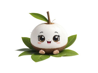 Kawaii coconut character &ndash; white shell sitting on green leaves. 