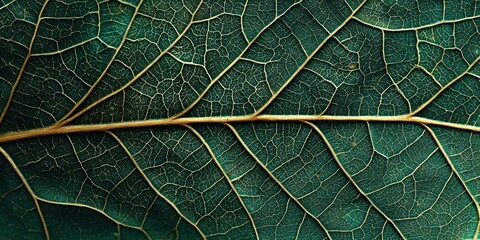 A dark green tropical leaves with intricate gold veins