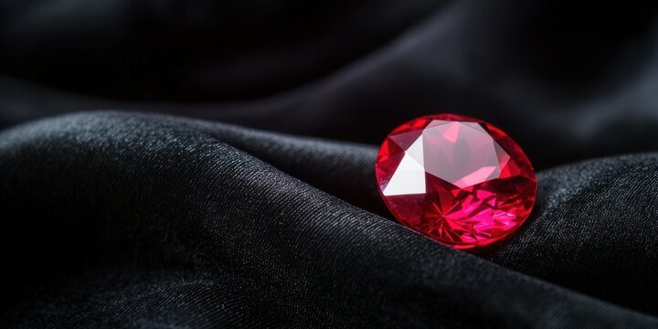 A dazzling ruby stone resting on a black velvet background