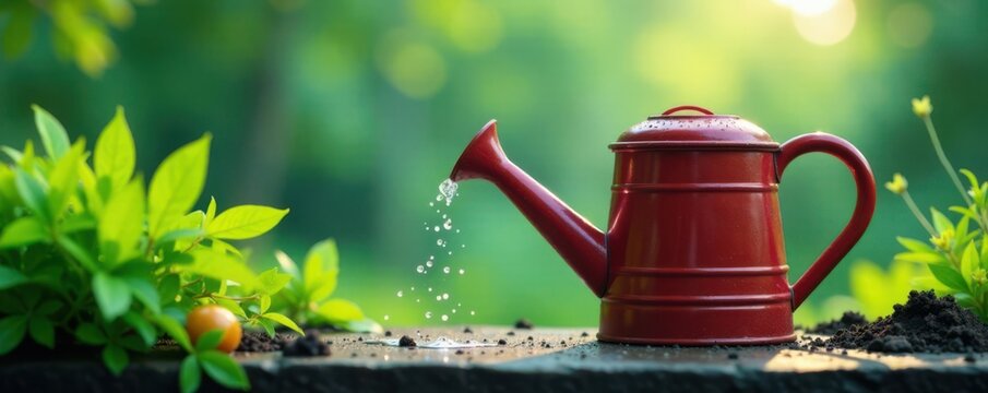 A stylized depiction of a watering can with raindrops and lush plants , tool, nature
