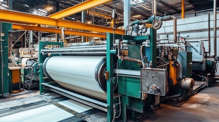 A busy industrial factory with large machines and materials being processed on the production line.