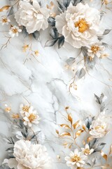 Beautiful white and gold floral arrangement with marble backdrop design