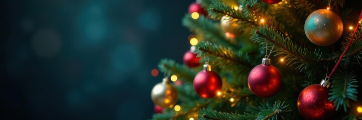 Fototapeta premium Christmas tree with colorful ornaments and lights , colorful, lights, festive