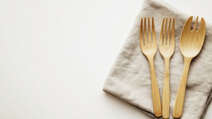 Eco-Friendly Bamboo Cutlery Set on Reusable Cloth Napkin for Sustainable Dining Experience