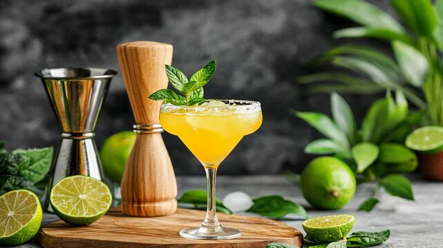 Refreshing cocktail preparation with lime and mint on a wooden cutting board in a kitchen setting
