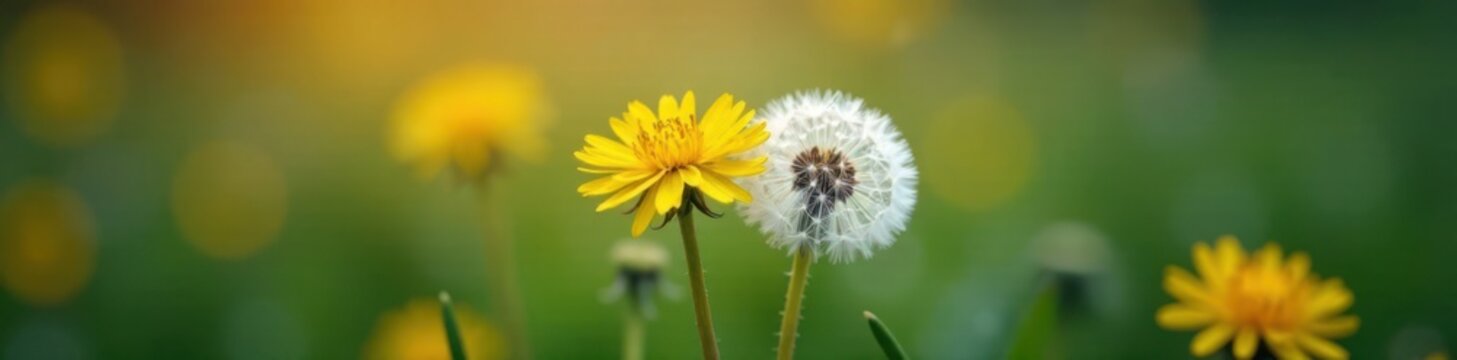 Delicate couple of dandelions standing side by side, wildflowers, kinda