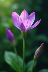 Fototapeta premium Delicate purple petals unfurl from a lush green stem amidst vibrant foliage, showcasing botanical beauty , garden, purple flowers, plant leaves