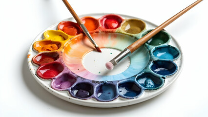 Professional Ceramic Palette with Watercolor Pans Arranged in Perfect Color Wheel Order and Premium Sable Round Brushes