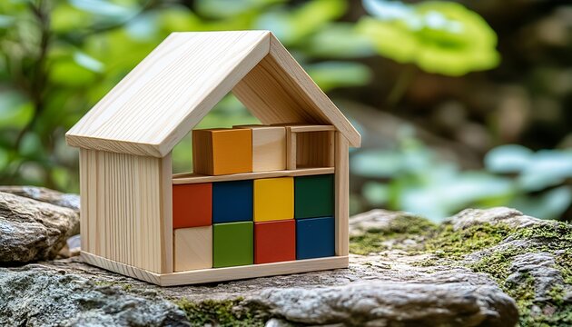 Wooden House Model with Colorful Blocks set in a natural background, portraying a home improvement concept that emphasizes growing energy efficiency and modern living