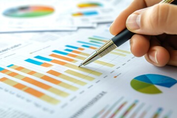 Close-up of hand analyzing bar charts and pie charts.