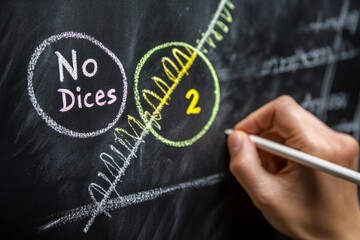 Hand drawing chalk Venn diagram on blackboard, showing "No Dices" and "2".