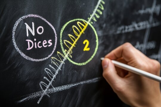 Hand drawing chalk Venn diagram on blackboard, showing "No Dices" and "2".