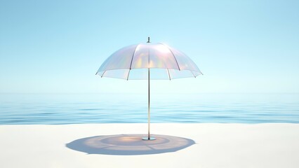 A serene beach scene featuring a translucent umbrella casting a shadow on the sand, overlooking calm waters under a clear blue sky.
