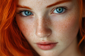 portrait of young woman with vibrant red hair and charming blue eyes
