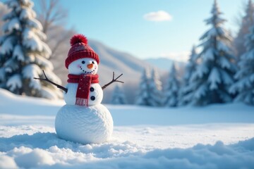 Obraz premium Snowman standing alone in the midst of a serene winter landscape with snow-covered trees and a clear blue sky , landscape, peaceful