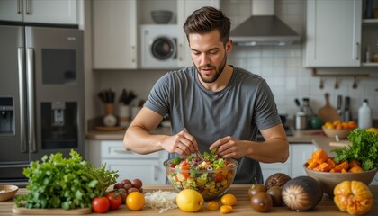 Fototapeta premium Healthy Cooking: Fresh Salad Preparation in Modern Kitchen
