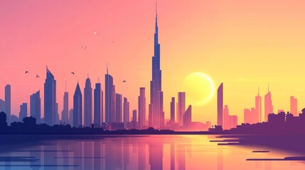 Fototapeta premium Dubai Skyline Sunrise Silhouette, Cityscape, Calm Water Reflection