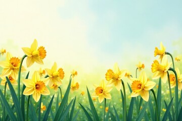 Soft watercolor daffodil field, flowers, field