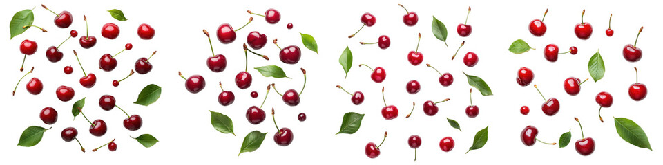 Fresh cherries with stems and bright green leaves create a festive fruit display