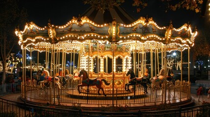 Carousel illuminated at night creating a whimsical and nostalgic scene