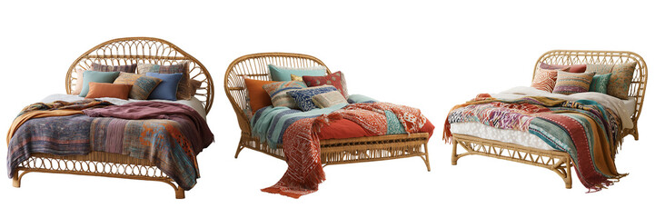 A bohemian-style bed with a natural rattan frame, layered with colorful blankets and eclectic pillows, isolated on a transparent background