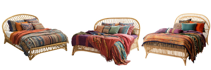 A bohemian-style bed with a natural rattan frame, layered with colorful blankets and eclectic pillows, isolated on a transparent background