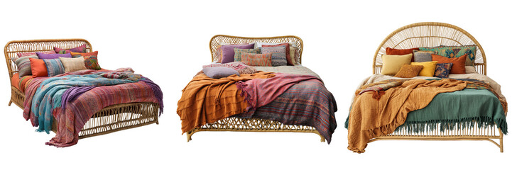 A bohemian-style bed with a natural rattan frame, layered with colorful blankets and eclectic pillows, isolated on a transparent background