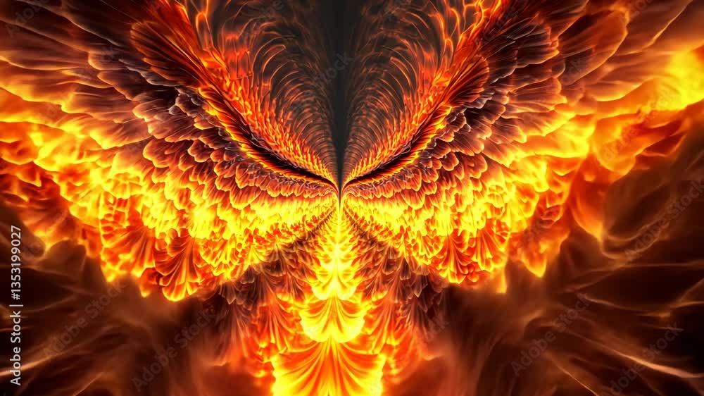 Poster vibrant abstract depiction of fiery feathers creating a majestic symmetrical pattern in a dark backg