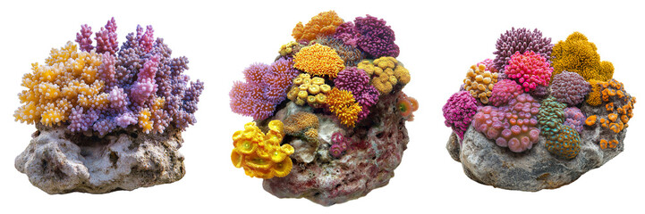 Cluster of vibrant multicolored corals growing on rocky surface isolated on transparent background