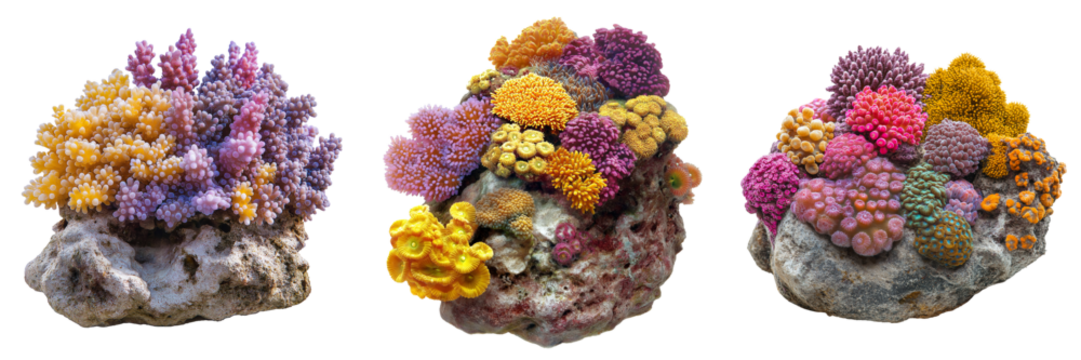 Cluster of vibrant multicolored corals growing on rocky surface isolated on transparent background
