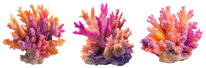 Vibrant coral formation in shades of pink, orange, and purple isolated on transparent background
